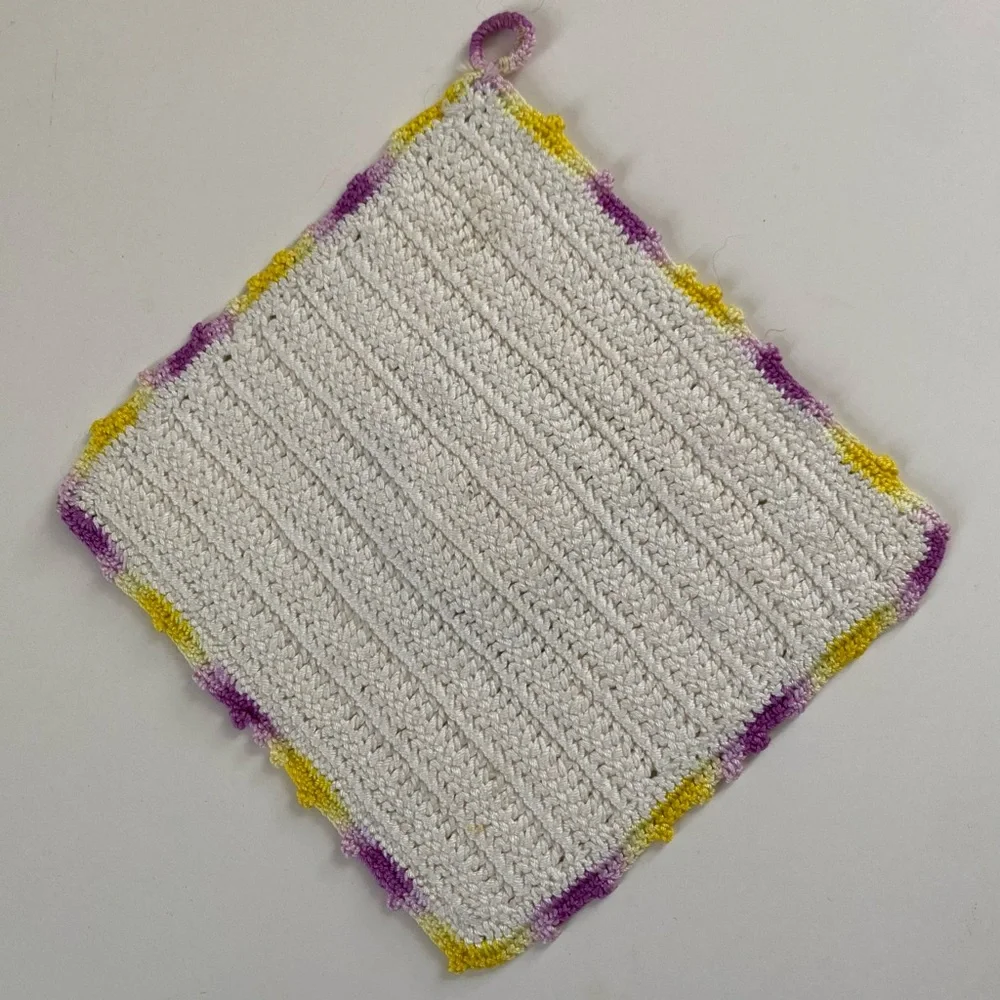 Vintage Hand Crochet Pansy Potholder Ivory Purple Yellow Green
